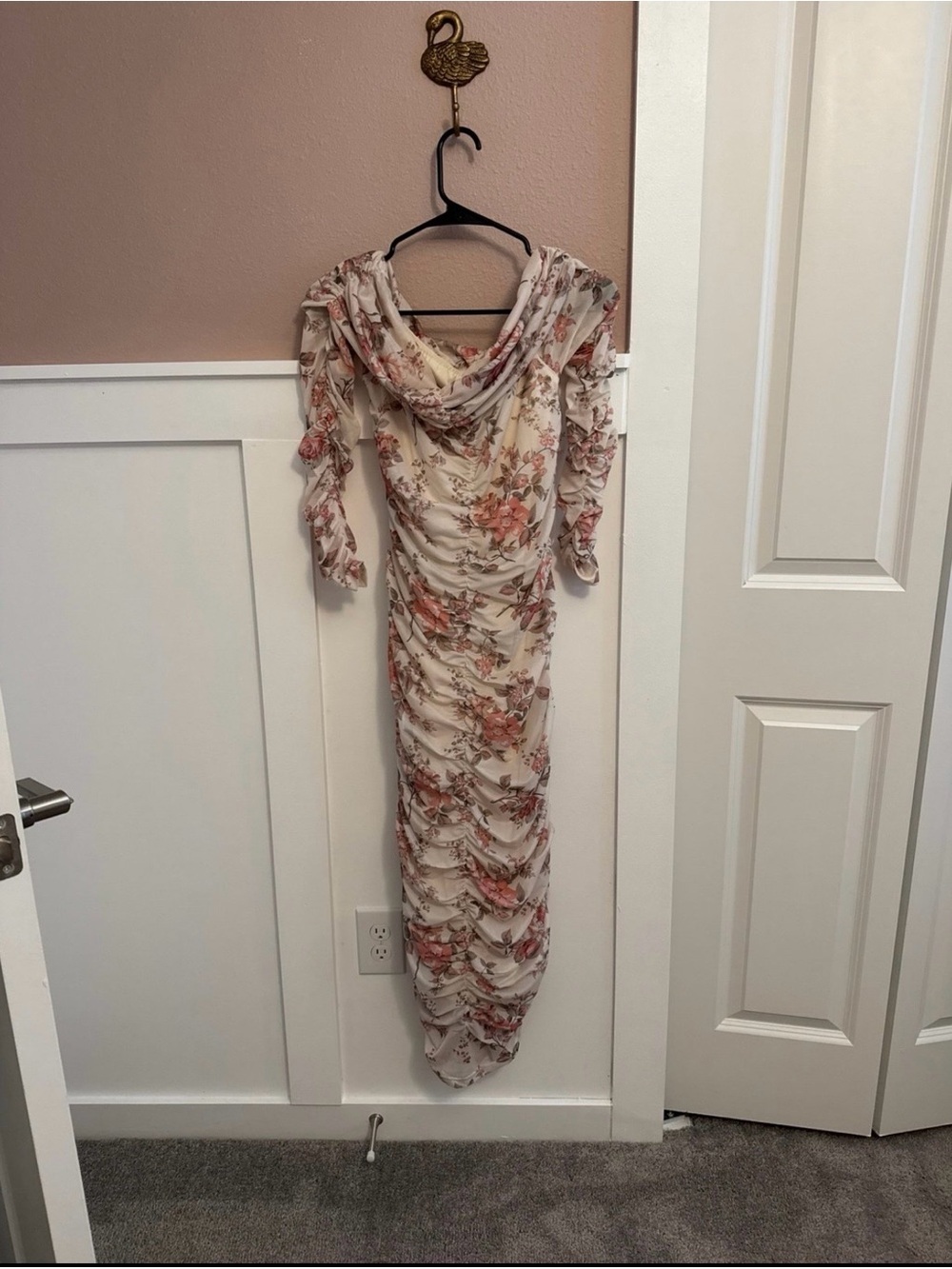 Floral Ruched Cowl Neck Maxi Dress in Cream and Pink